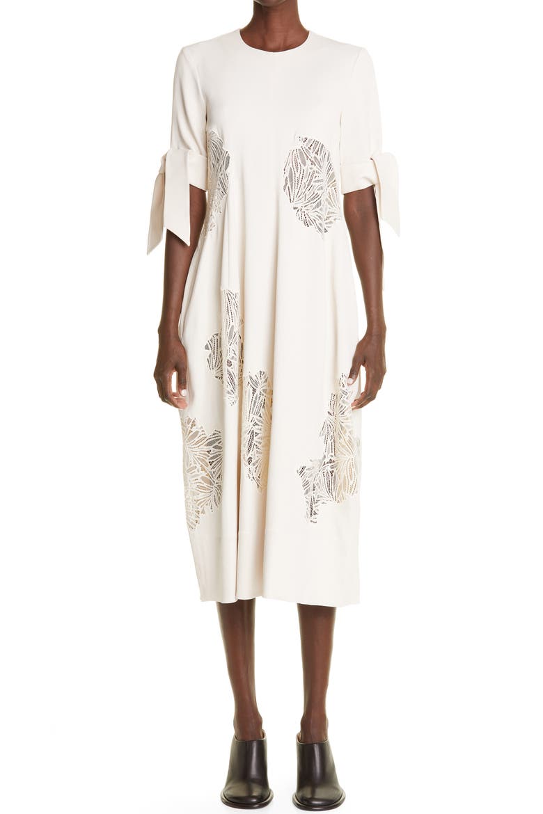 Guipure Lace Inset Matte Satin Dress, Main, color, ECRU