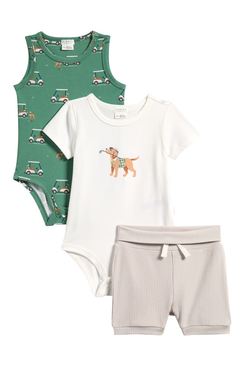 Golf Pups 3-Piece Bodysuits & Shorts Set, Main, color, OFF WHITE