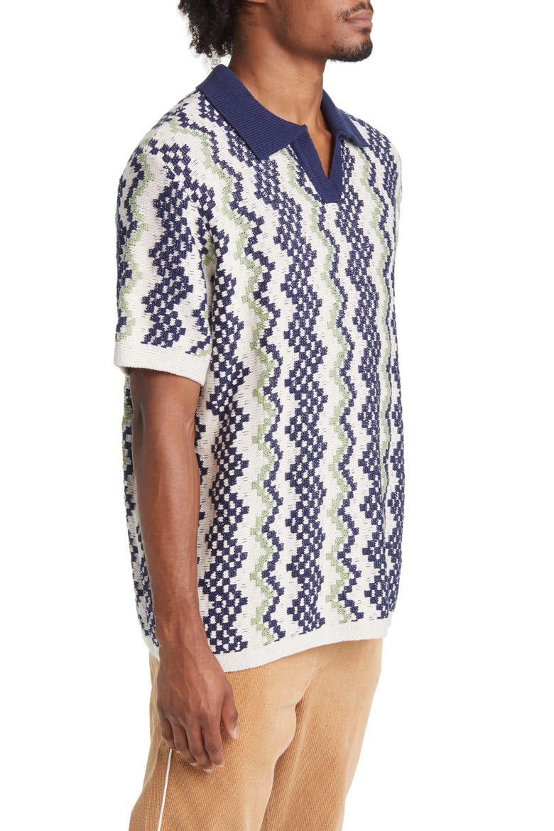 Crochet Johnny Collar Cotton Polo, Alternate, color, BLUE/ CREAM