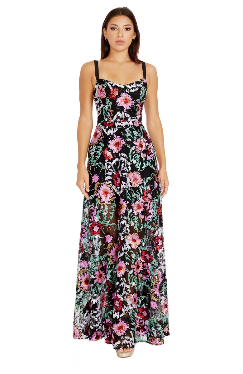 Dress the Population Nina Sequin Floral Fit & Flare Gown, Alternate, color, Black Multi