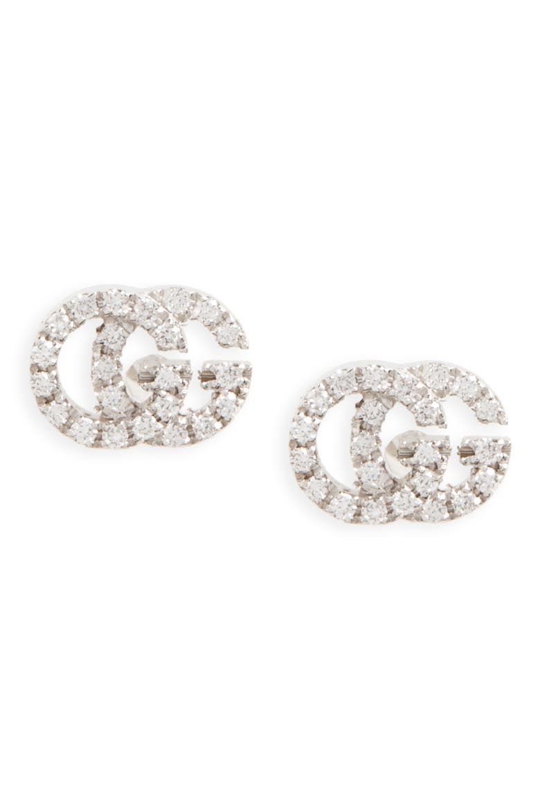 Double-G Diamond Stud Earrings, Main, color, WHITE GOLD