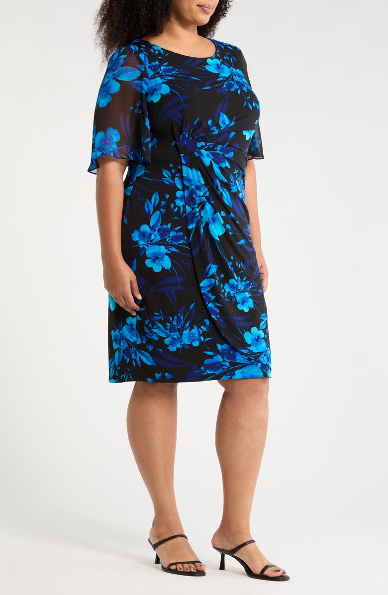 Connected Apparel Floral Side Ruched Faux Wrap Dress, Alternate, color, Saphire