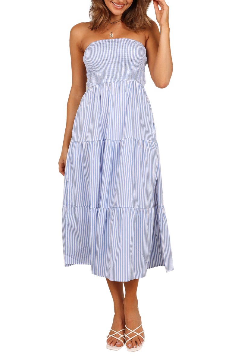 Petal & Pup Maisie Stripe Smocked Strapless Midi Dress, Main, color,