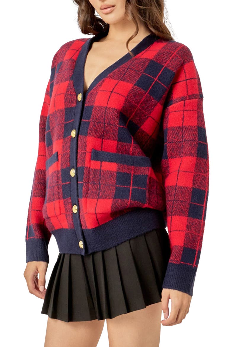 Oversize Check Cardigan, Alternate, color, BURGUNDY
