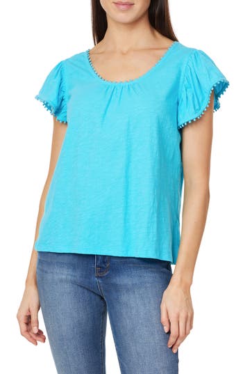Curve Appeal Pompom Flutter Sleeve Cotton Top In Blue Atoll