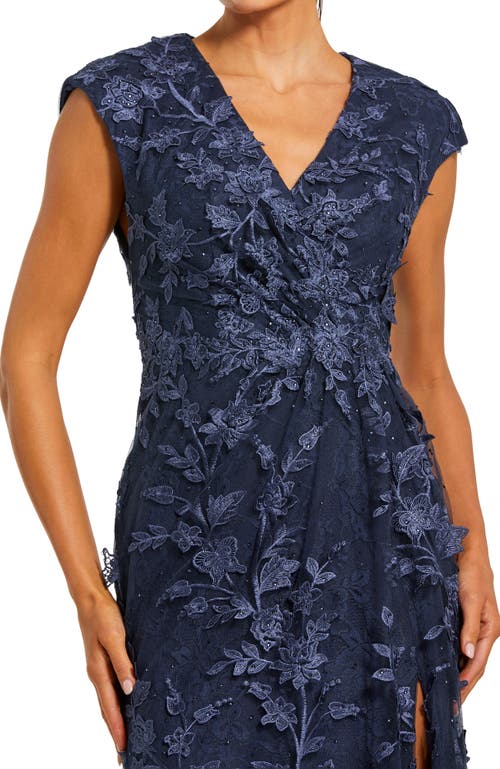 Mac Duggal Faux Wrap Embroidered Cap Sleeve Gown In Blue
