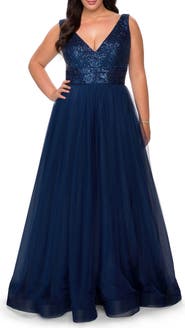 La Femme Curvy A-line Gown with Sequin Bodice and Tulle Skirt