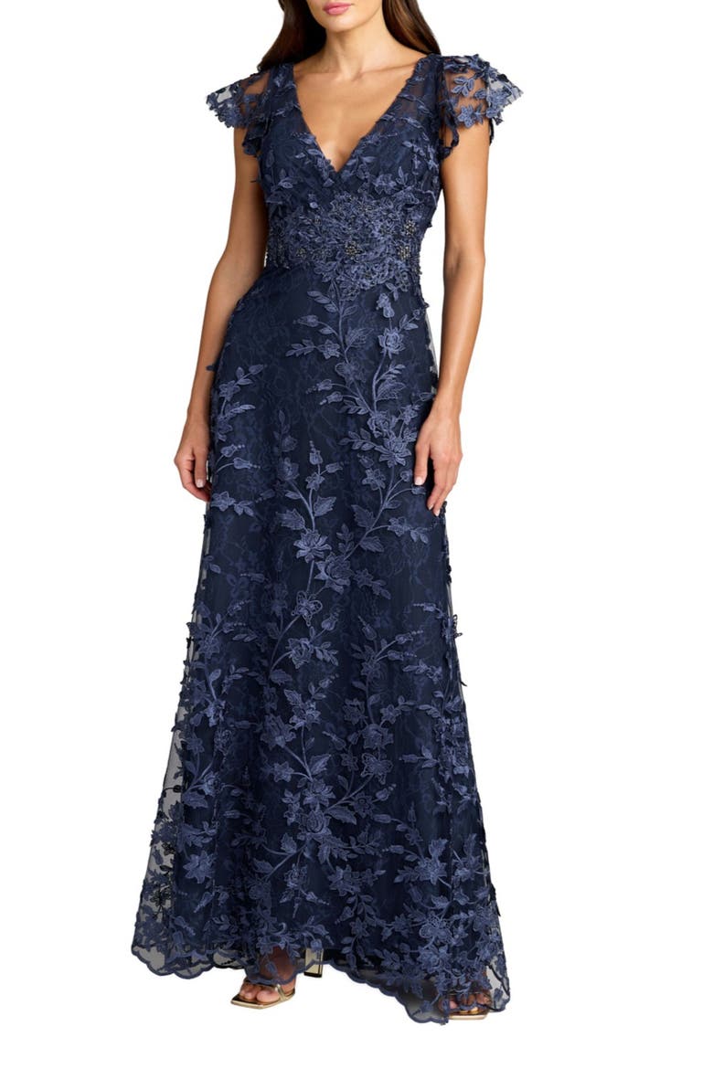 Petite Floral Embroidered Lace Flutter Sleeve Gown, Main, color, Midnight