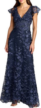 Mac Duggal Petite Floral Embroidered Lace Flutter Sleeve Gown