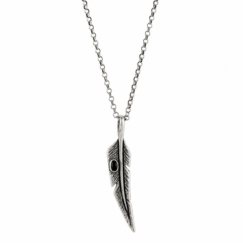 Feather with Onyx Silver Necklace