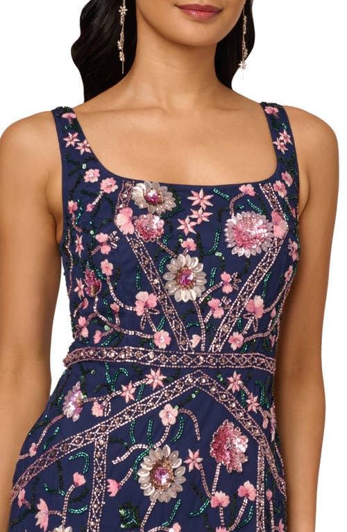 Adrianna Papell Beaded Floral Godet Gown In Blue