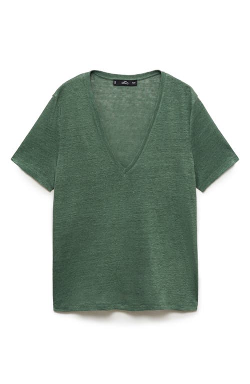 Mango V-neck Linen T-shirt In Green