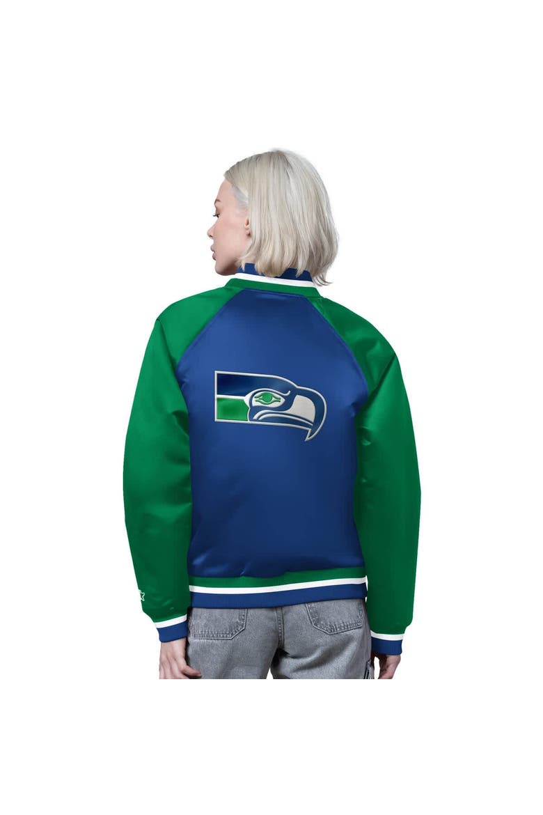 Women's Starter Royal/Green Seattle Seahawks Satin Full-Snap Vintage Varsity Jacket, Alternate, color, Royal