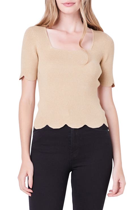 Scallop Hem Square Neck Rib Sweater