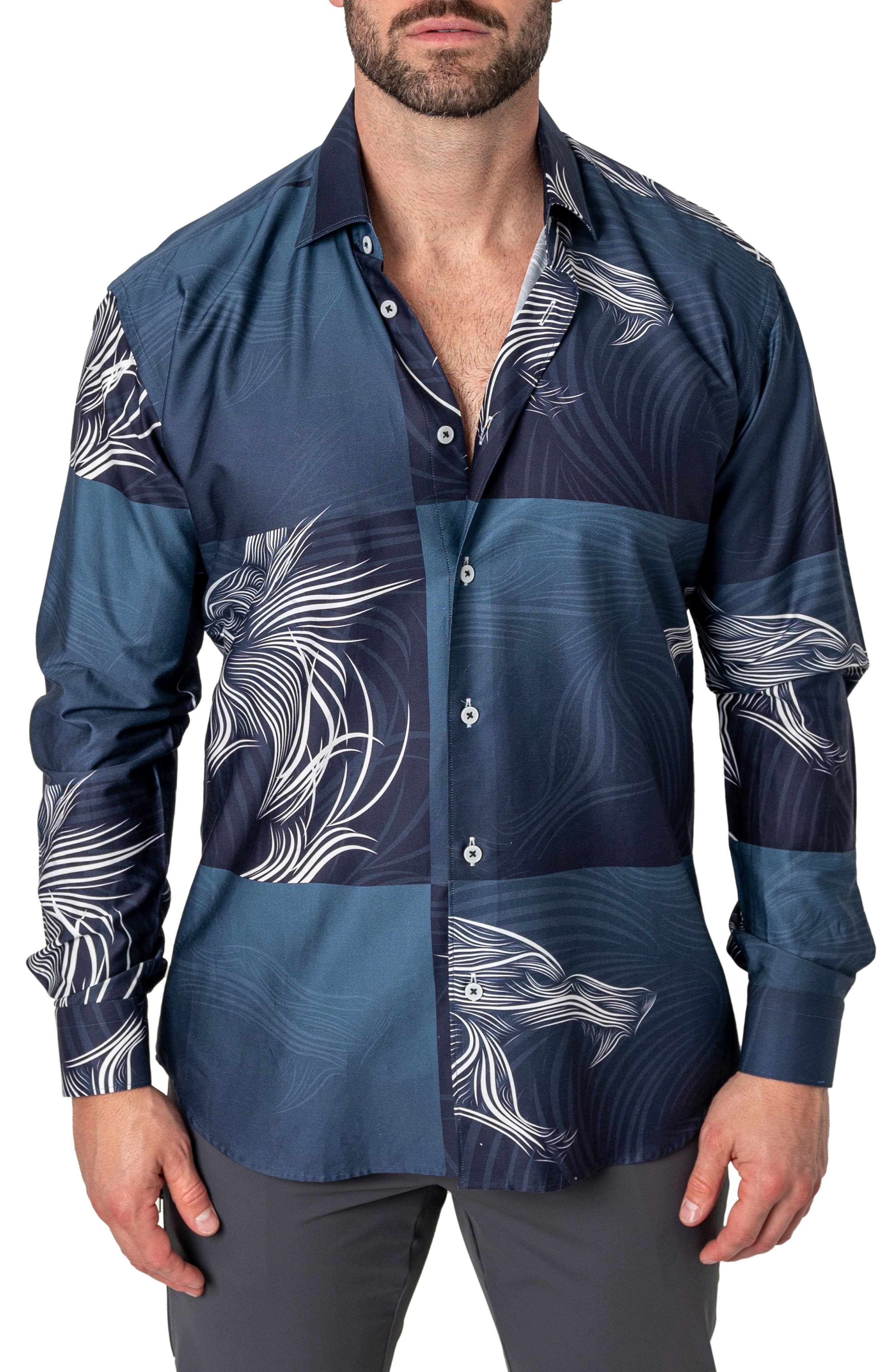 Maceoo Fibonacci Wolf Wave Cotton Button-Up Shirt