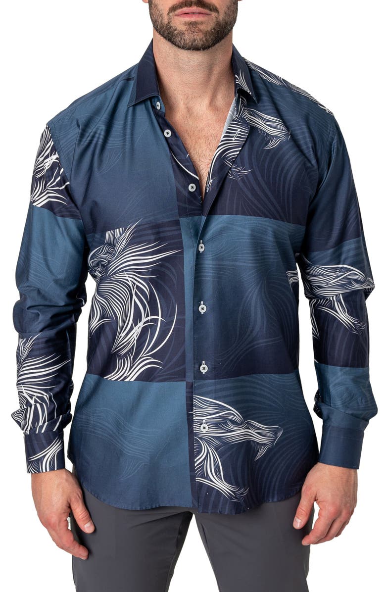 Maceoo Fibonacci Wolf Wave Cotton Button-Up Shirt, Main, color, Blue