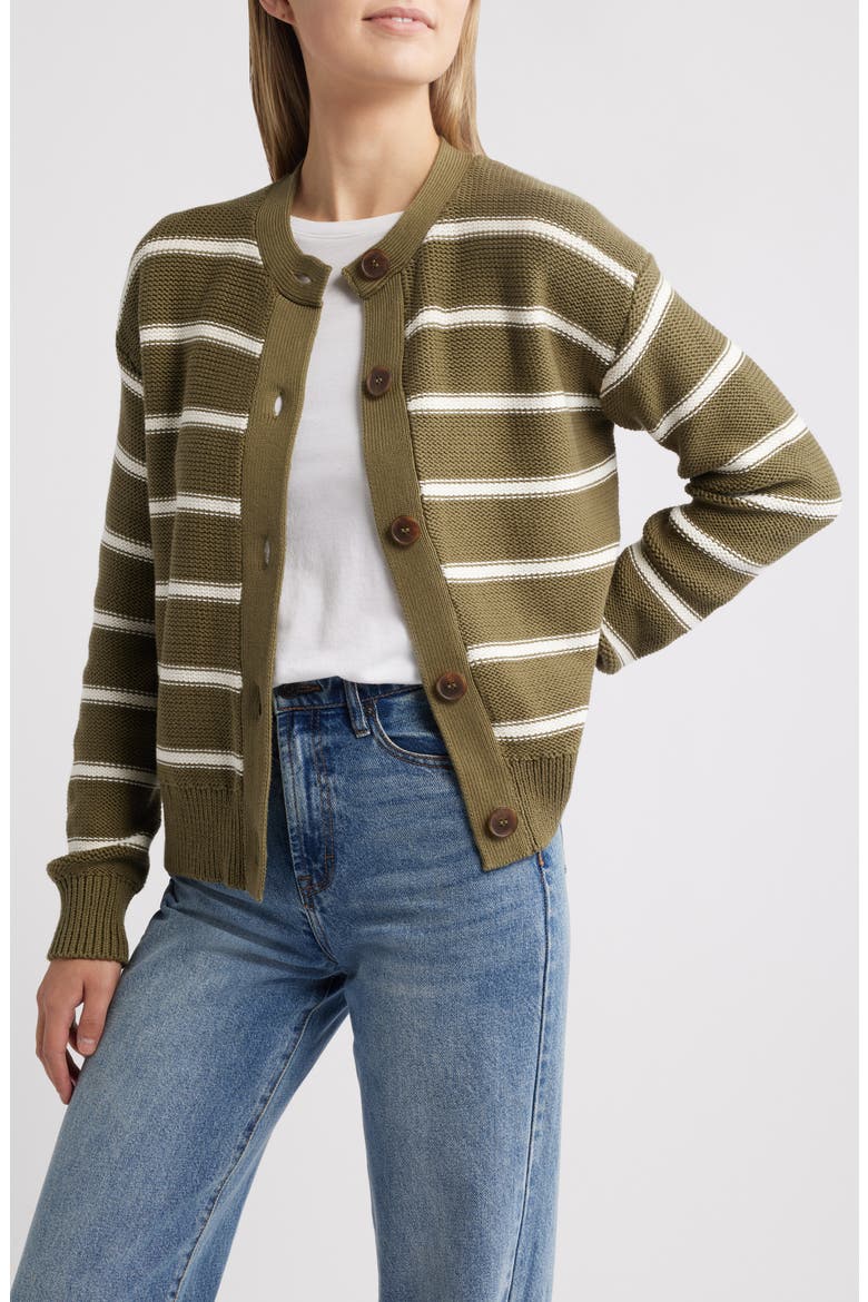 Stripe Pima Cotton Cardigan, Main, color, OLIVE- IVORY RENEE STRIPE