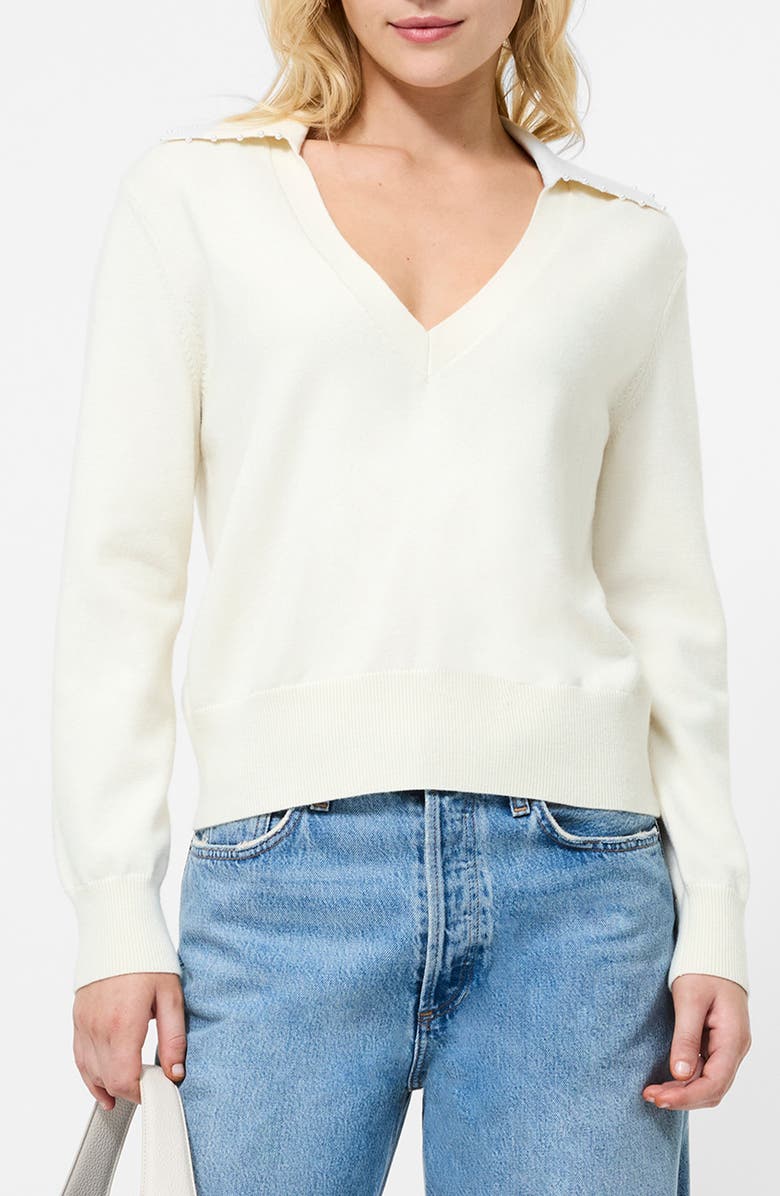 French Connection Sloane Faux Pearl Embellished Johnny Collar Sweater, Main, color, Porcelain Cream