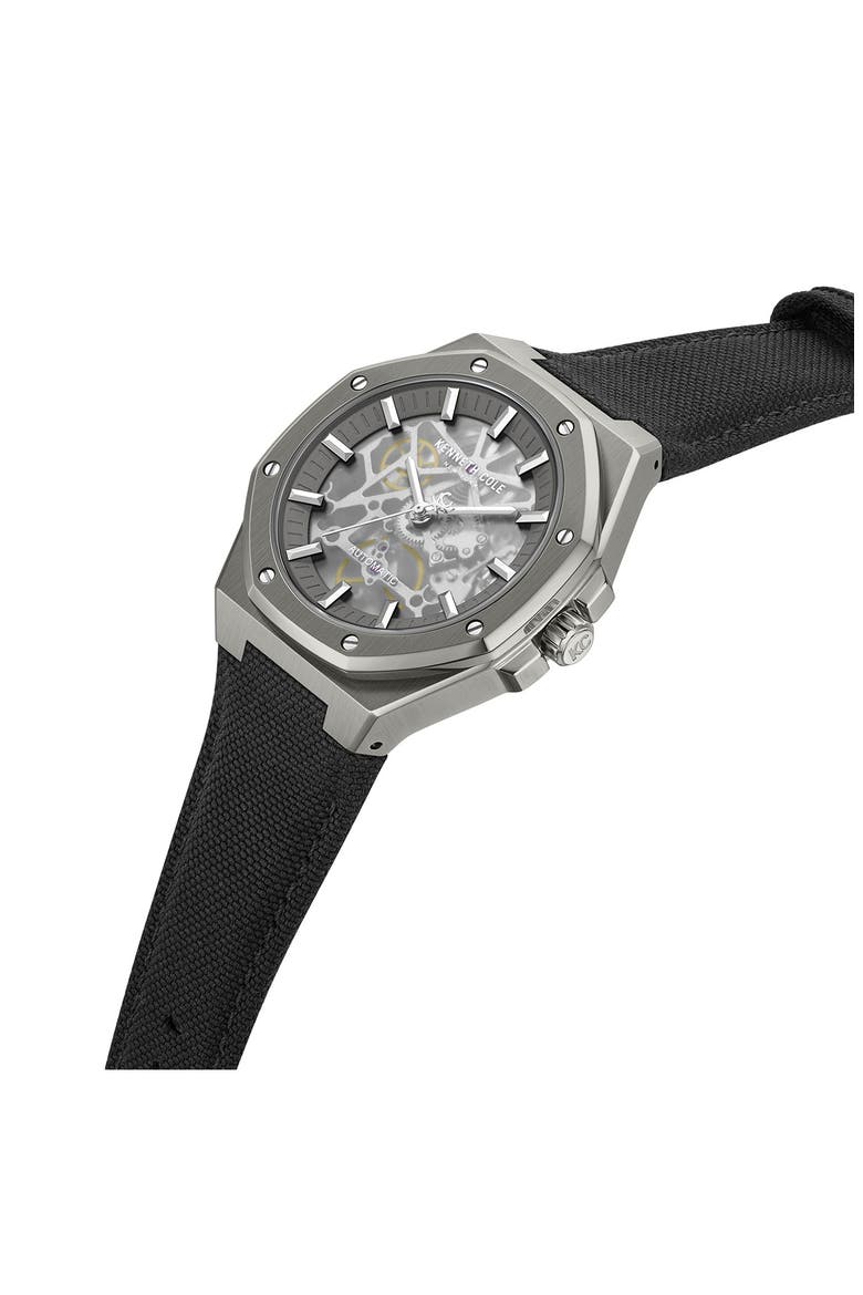 Benson Skeleton Automatic Nylon Strap Watch, 42mm, Alternate, color, BLACK