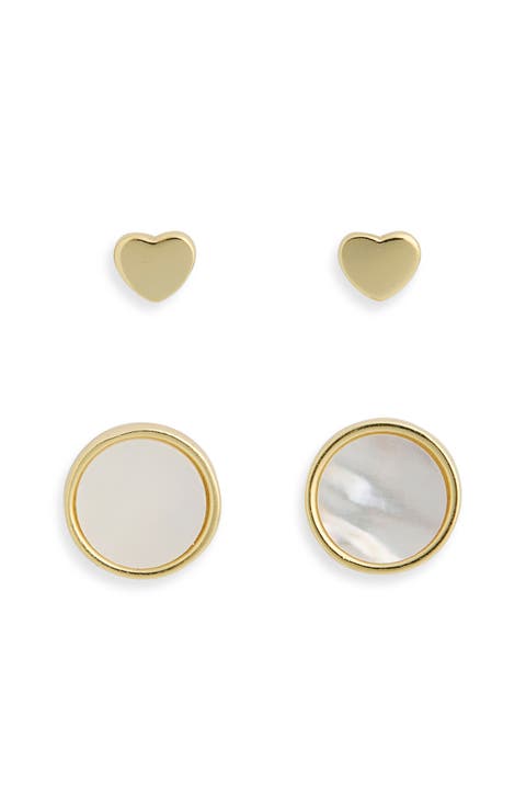 Mother-of-Pearl Coin & Heart Stud Earrings