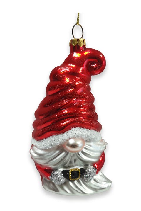 Santa Gnome Glitter Hat Glass Ornament