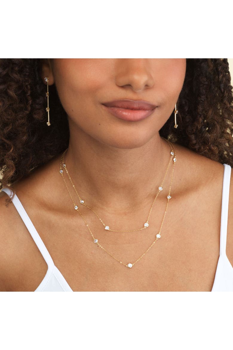 Long CZ Station Chain Necklace, Alternate, color, Gold Plated Sterling Silver