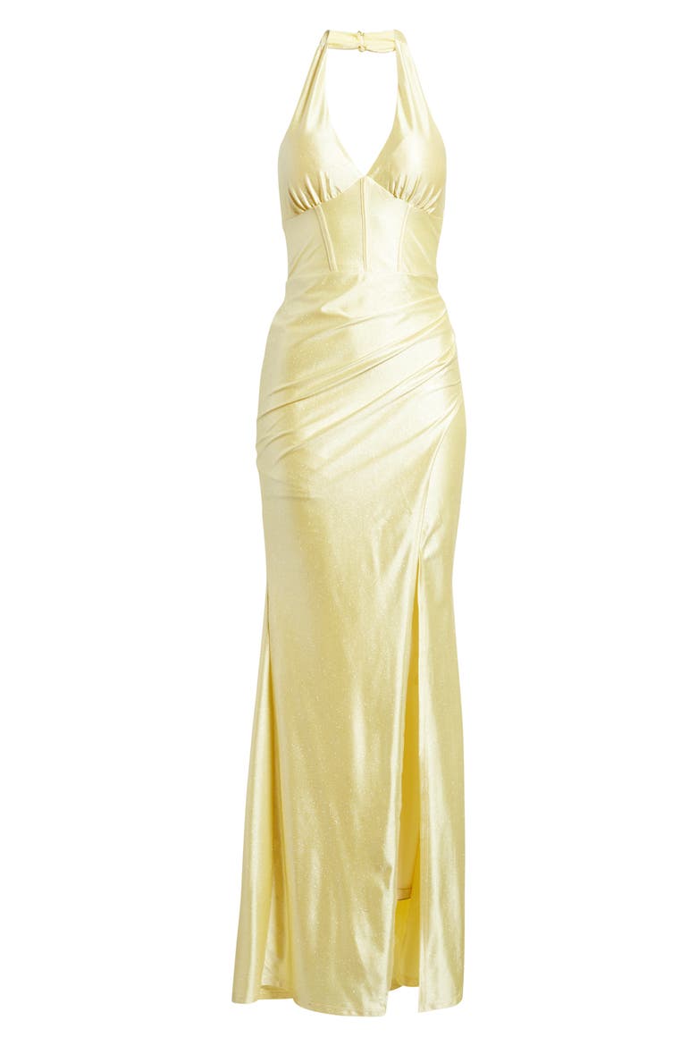 Glitter Bow Back Halter Gown, Alternate, color, BUTTER