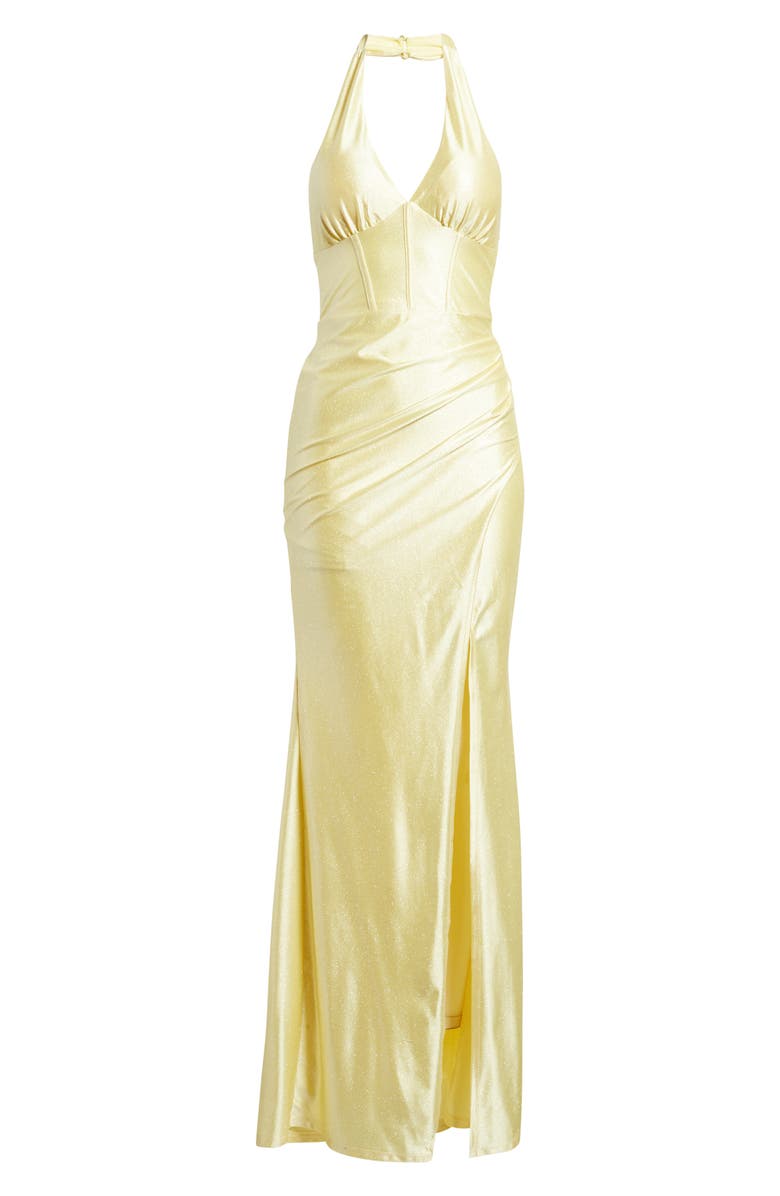 Emerald Sundae Glitter Bow Back Halter Gown, Alternate, color, Butter