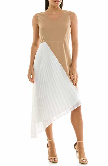Nina Leonard Asymmetric Pleated Midi Dress