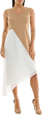 Nina Leonard Asymmetric Pleated Midi Dress