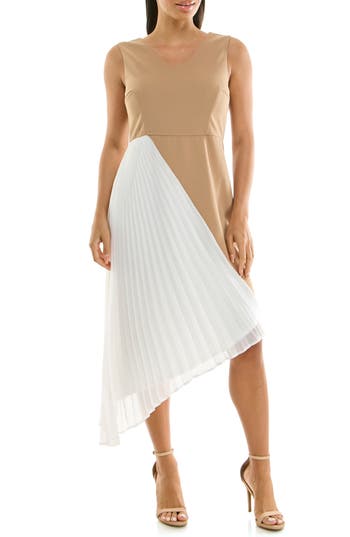 Nina Leonard Asymmetric Pleated Midi Dress In Tan/ivory