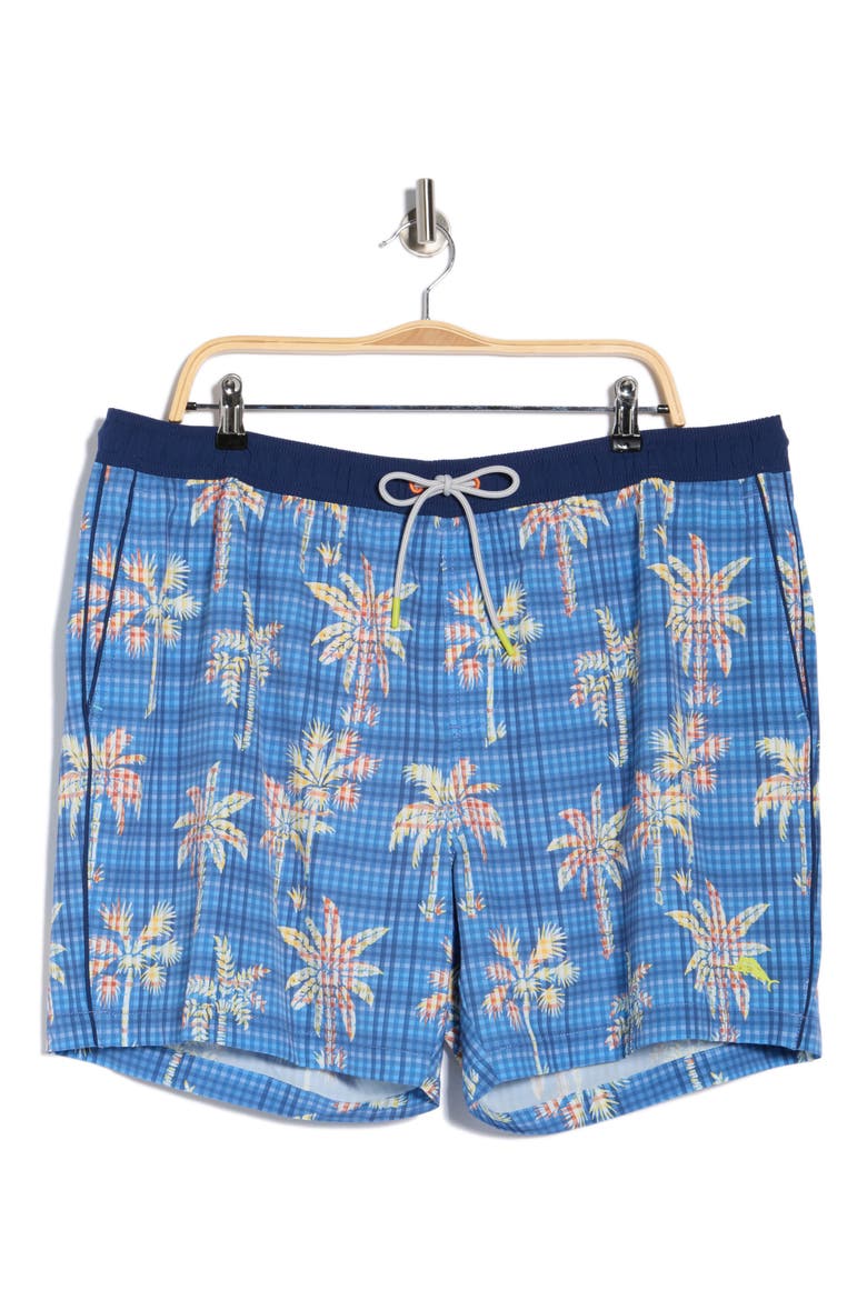 Naples Gingham Palm Print Swim Trunks, Main, color, REGAL BLUE