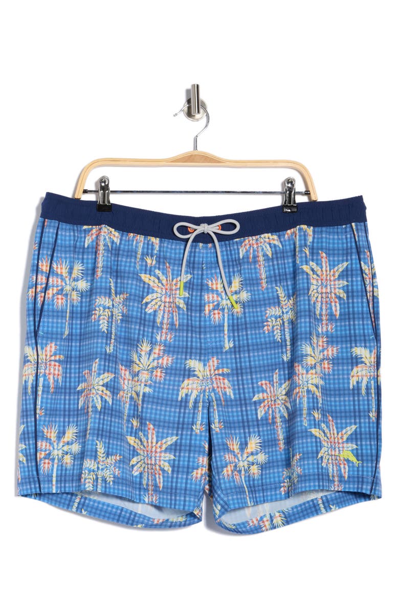 Tommy Bahama Naples Gingham Palm Print Swim Trunks, Main, color, Regal Blue