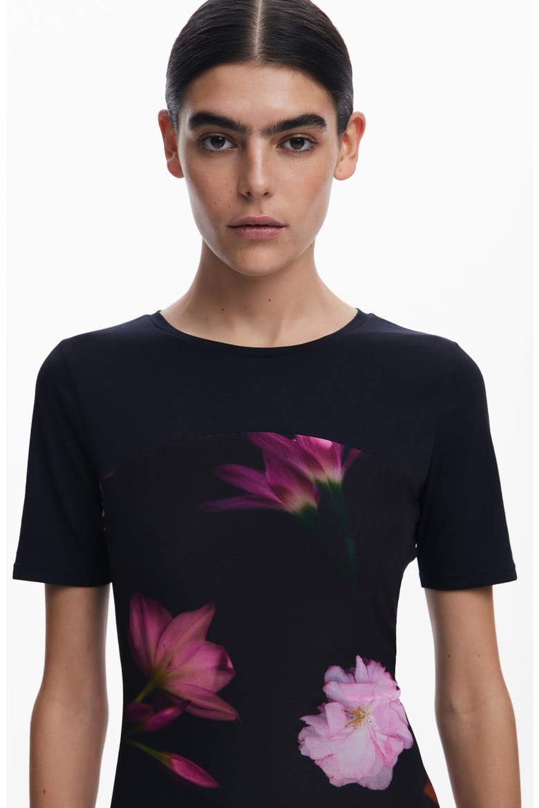 Floral Print Knit Minidress, Alternate, color, BLACK
