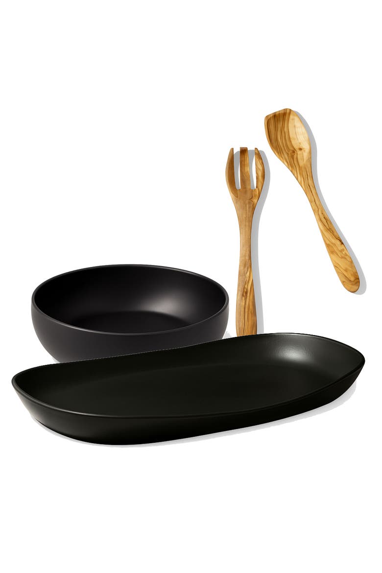 Serving Platter, Bowl & Olive Wood Servers, Set of 4, Main, color, Matte Black