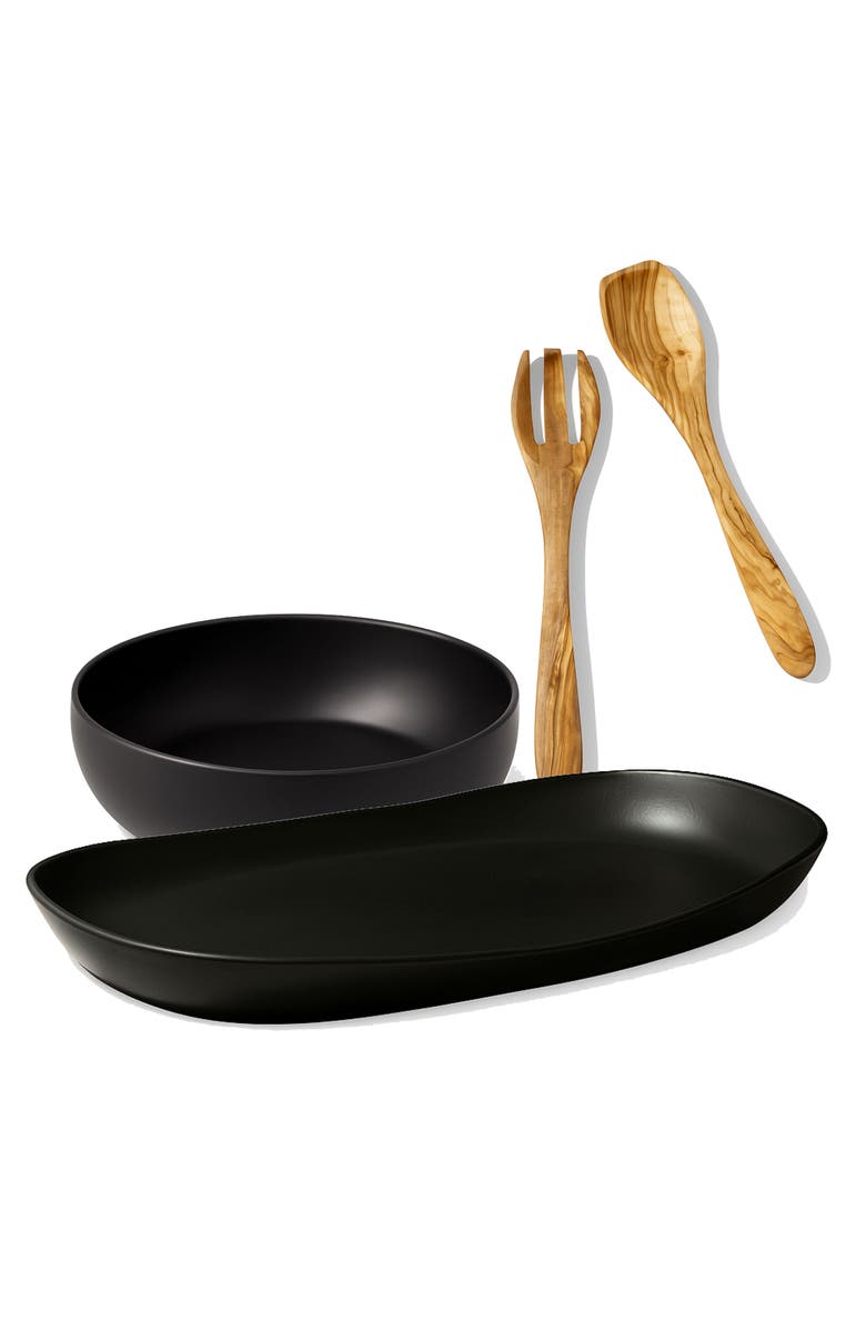 Gharyan Stoneware Serving Platter, Bowl 
Olive Wood Servers, Set of 4, Main, color, Matte Black