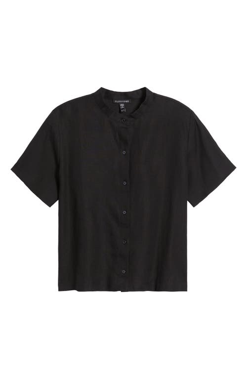 Eileen Fisher Organic Handkerchief Linen Band Collar Short-sleeve Shirt In Black