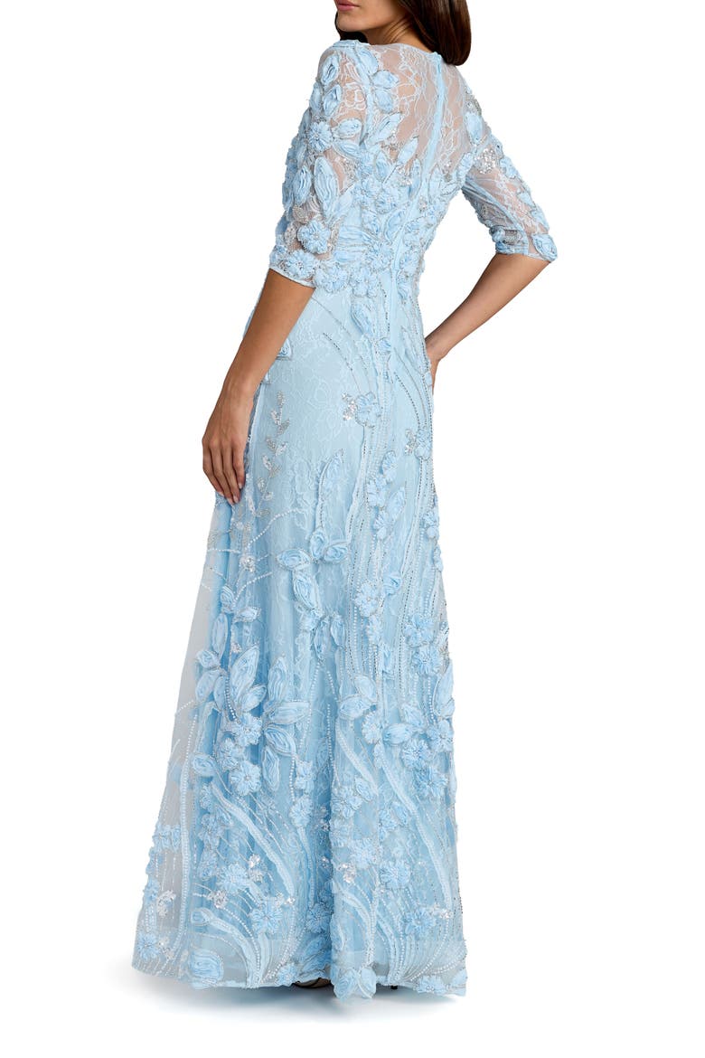 3/4 Sleeve High Neck Embroidered A Line Gown, Alternate, color, Periwinkle