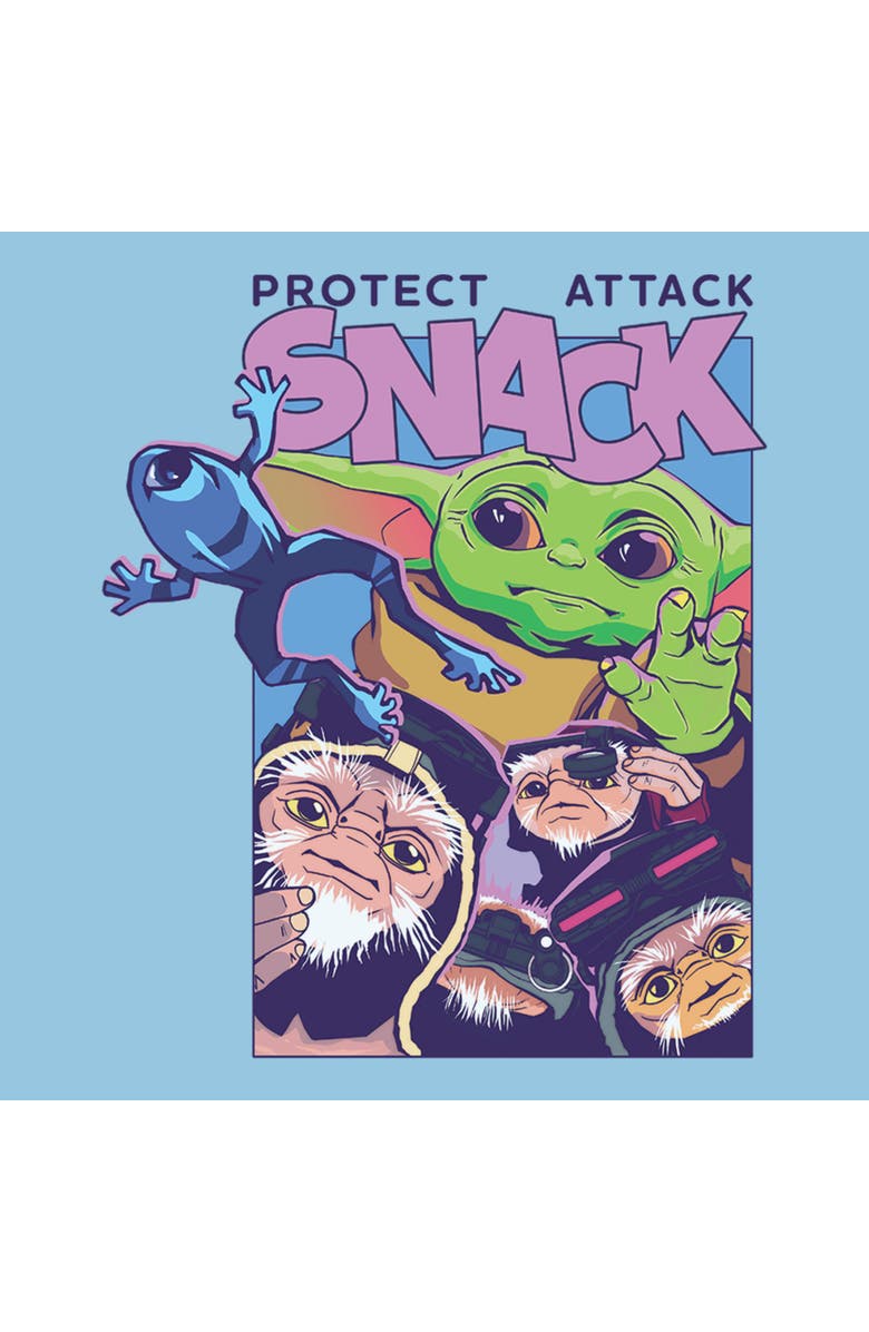 Star Wars: The Mandalorian and Grogu Boy's Star Wars The Mandalorian and Grogu Protect Attack Snack Collage Graphic T-Shirt, Alternate, color, Light Blue