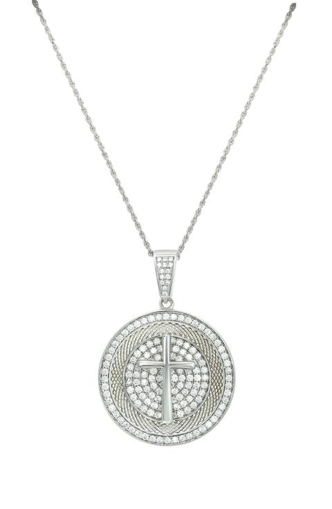 CZ Cross Disc Pendant Necklace