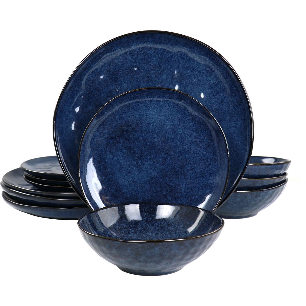 Elama Samara 12 Piece Stoneware Dinnerware Set In Blue