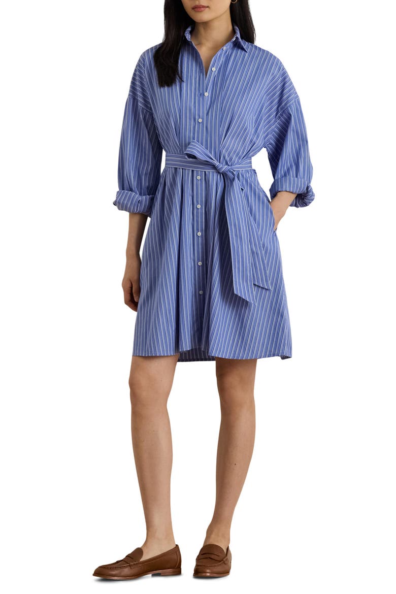 Yarn Dyed Broadcloth Cotton Long Sleeve Shirtdress, Main, color, BLUE MULTI