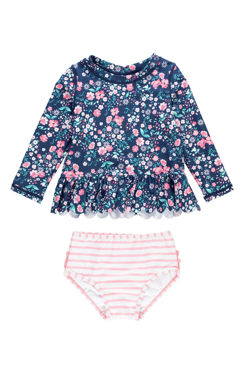 RuffleButts Moonlit Meadow Scalloped Long Sleeve Two-Piece Rashguard Swimsuit, Main, color, Blue