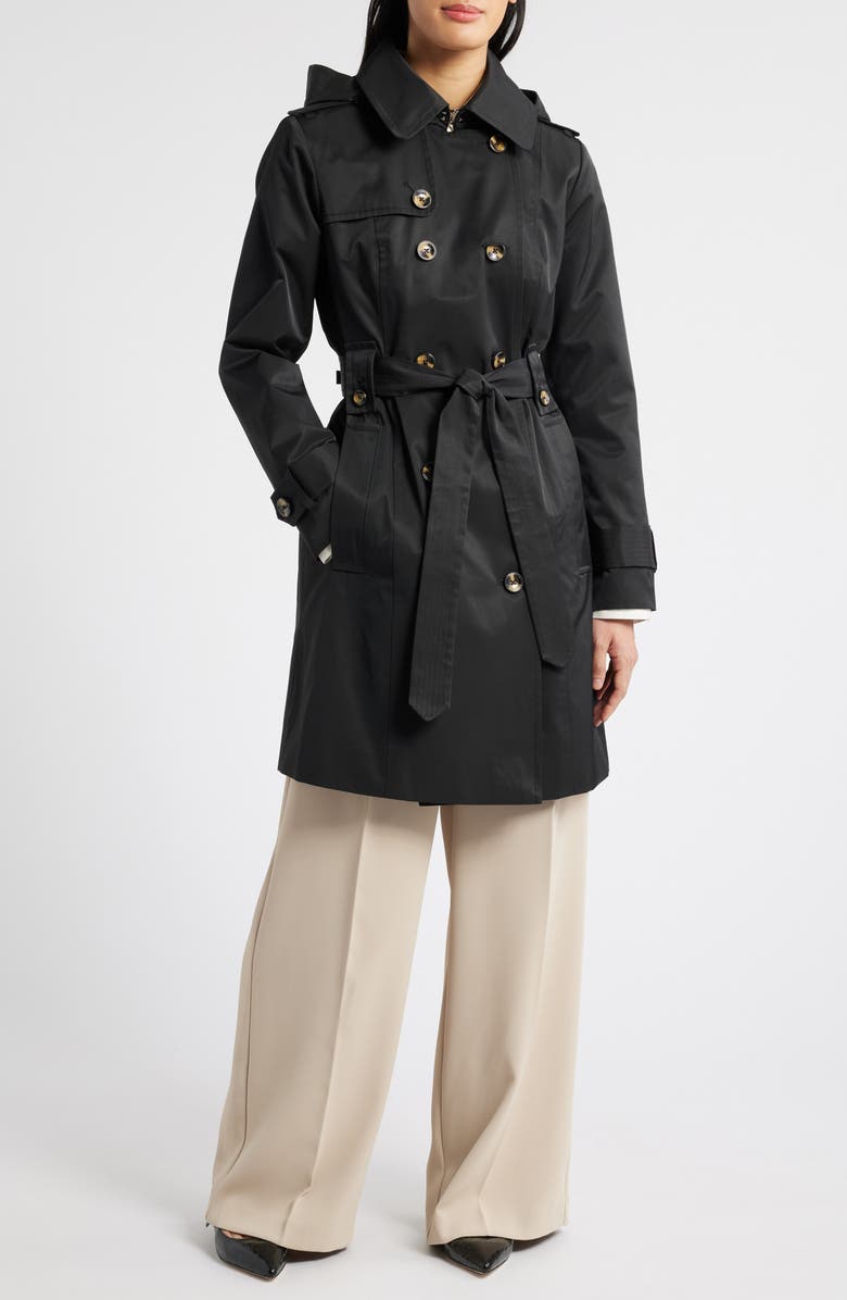 London Fog Missy Hooded Belted Trench Coat, Main, color, Black