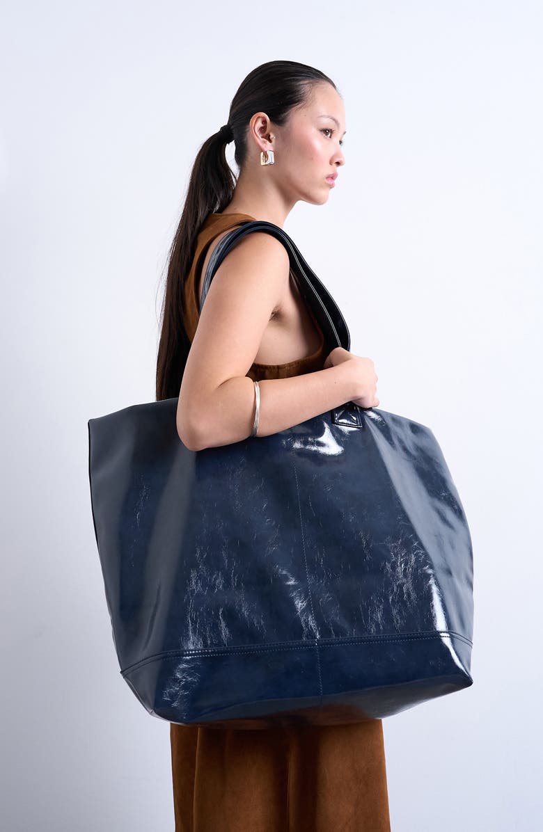 Topshop Crinkle Faux Leather Tote, Main, color, Navy