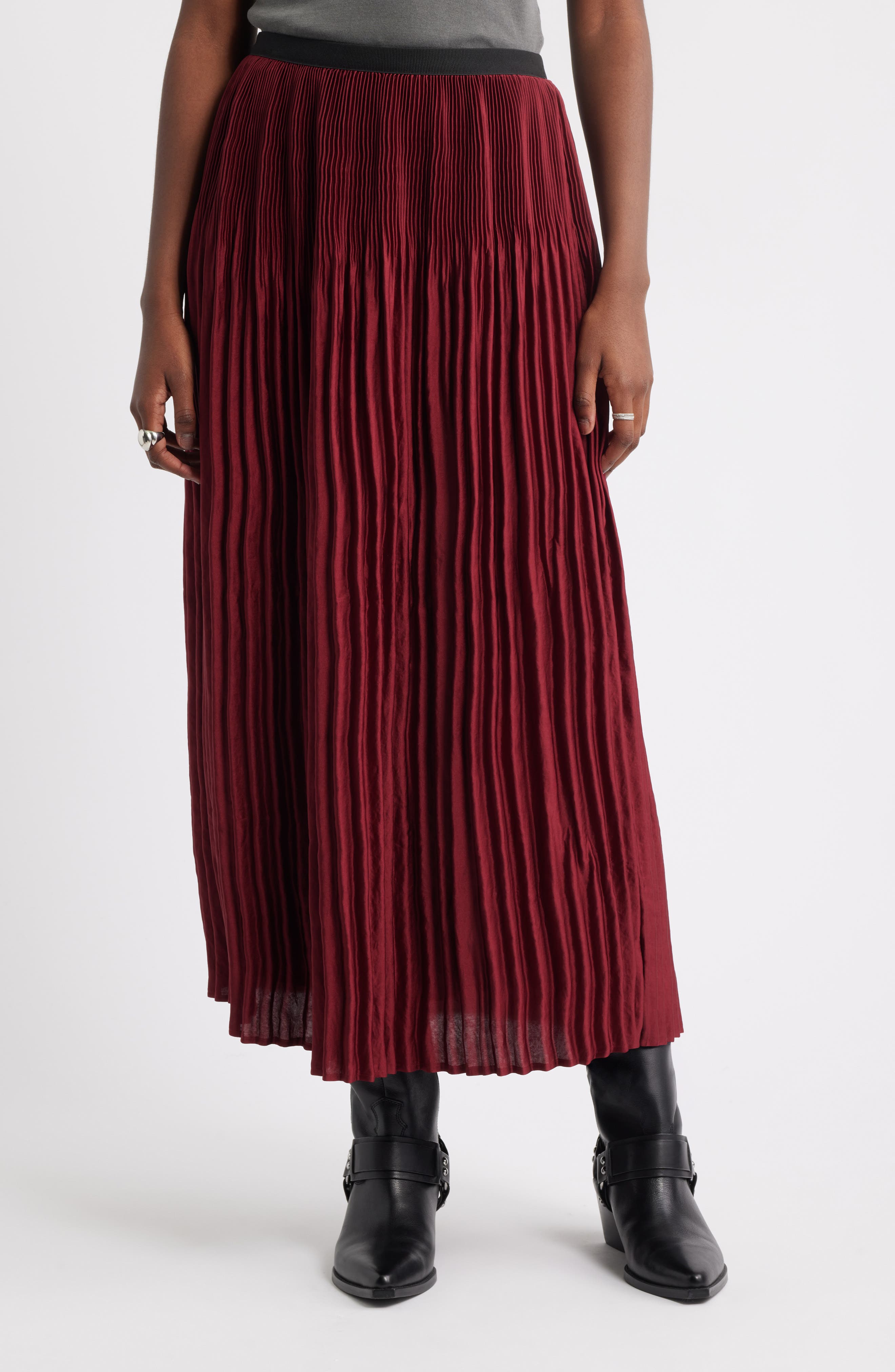 Treasure & Bond Pleated Satin Midi Skirt