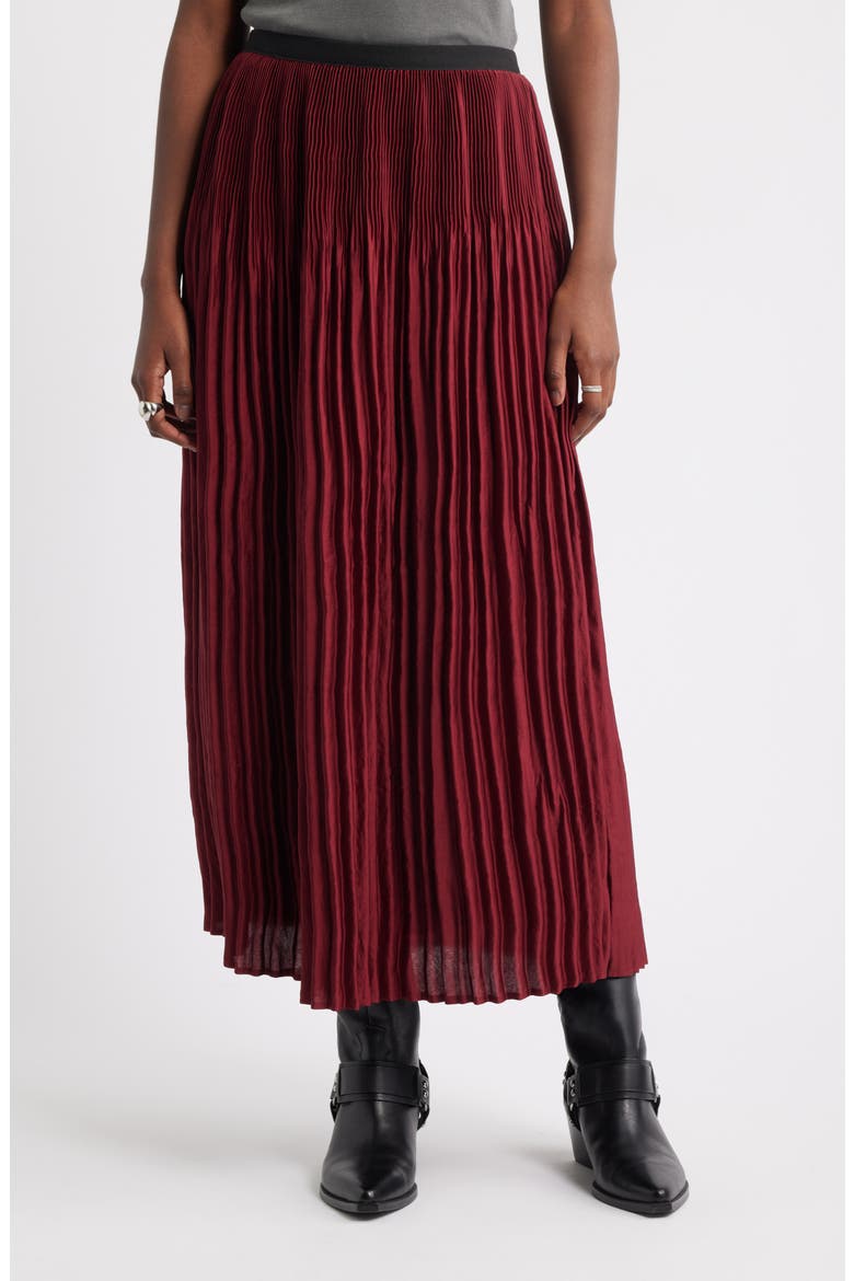Pleated Satin Midi Skirt, Main, color, RED GRAPE