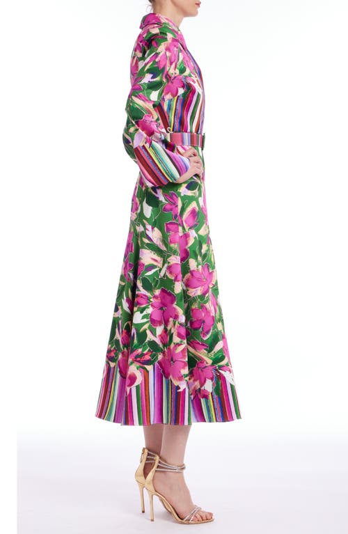 Badgley Mischka Belted Floral & Stripe-print Maxi Shirtdress In Emerald Multi