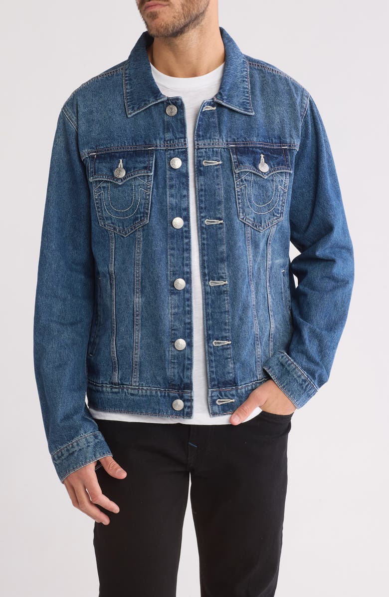 True Religion Jesse Single Needle Denim Trucker Jacket, Main, color, Medium Wintry Wash
