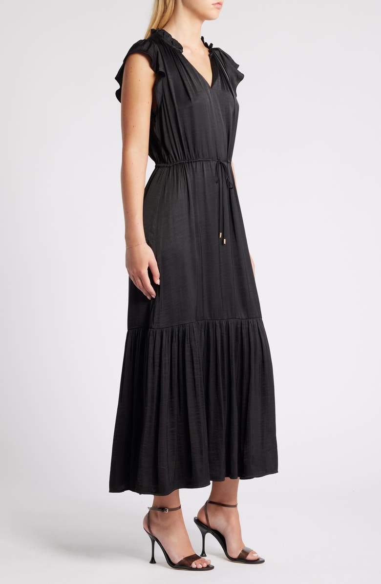 Steve Madden Osiris Tiered Split Neck Cap Sleeve Tie Waist Maxi Dress, Alternate, color, Black